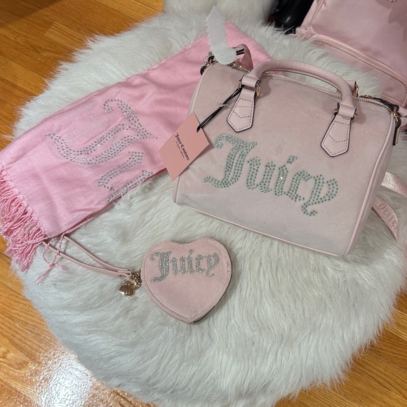 Juicy Couture Handbags - Juicy Couture Light Pink Rhinestone Logo Satchel with Matching Pouch & Scarf